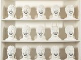 une étagère sur laquelle sont disposées de nombreuses têtes de différents types
