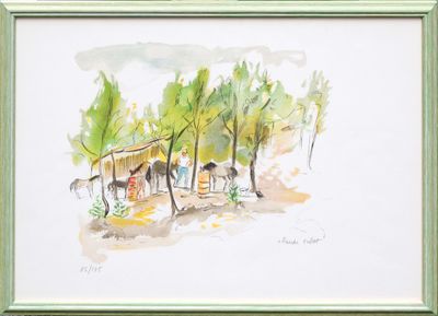 une photo d'une aquarelle représentant une scène de vie à la ferme