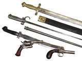 several different types of weapons are displayed on a white surface