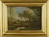 painting of a landscape with a river and cows in the foreground