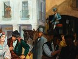 a painting of a man and a woman standing in front of a horse drawn carriage