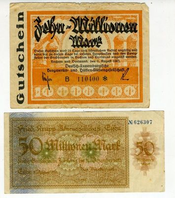 deux anciens billets de banque allemands comportant des inscriptions en allemand