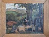 a painting of a group of people sitting under a tree