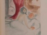 a painting of a woman laying in bed with a cat