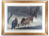 framed picture of a painting of cattle in a snowy landscape