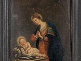 an old painting of a woman holding a baby in her lap