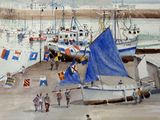 a watercolor painting of a harbor with boats and people