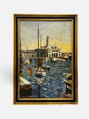 painting of a harbor scene with boats and a building in the background