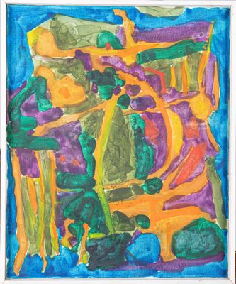 une image représentant un tableau représentant un paysage coloré avec des arbres et des buissons