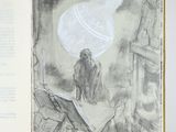 an open book with a drawing of a man in a dark room