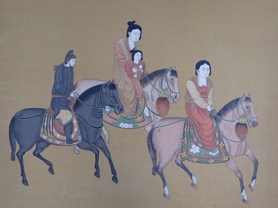 ASIE Peinture sur soie, personnages à cheval, 70x108 cm - Photo 1