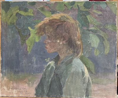an oil painting of a young boy standing in front of a tree