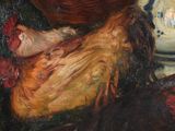 a painting of a rooster and a vase on a table