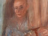 an oil painting of a woman sitting at a table holding a baby