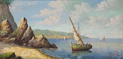 une peinture représentant un bateau sur l'eau, près d'une côte rocheuse