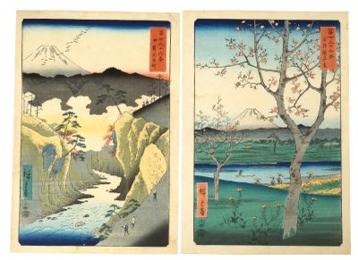 deux tableaux représentant des montagnes et une rivière, avec une personne dans un bateau