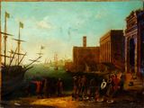 peinture représentant une peinture d'une scène portuaire avec des bateaux sur l'eau