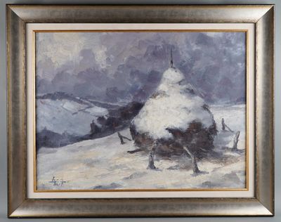 Huile sur toile signée Lejeune "Meule sous la neige".