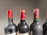 several bottles of wine are lined up on a table