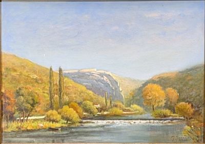 a painting of a river with a mountain in the background