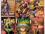 Les couvertures des bandes dessinées « Titans » sont alignées sur une surface blanche