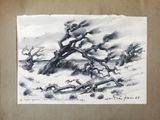 painting of a black and white picture of a tree in a field