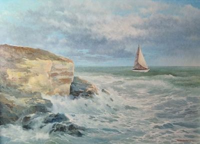 a painting of a sailboat on the water near a cliff