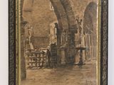 une vieille photo d'une église avec une statue en arrière-plan