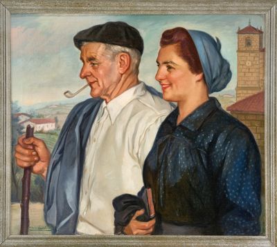 tableau représentant un homme et une femme en train de fumer une cigarette devant une église