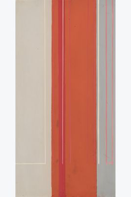 an image of an abstract painting with orange, grey, and white stripes