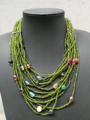 un gros plan sur un collier de mannequin orné de perles multicolores