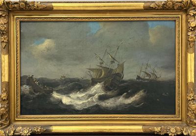 un tableau représentant un navire sur une mer agitée, avec d'autres navires en arrière-plan