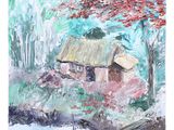 un tableau représentant une maison dans les bois avec un arbre rouge