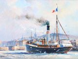 une peinture représentant un bateau sur l'eau d'où s'échappe de la fumée