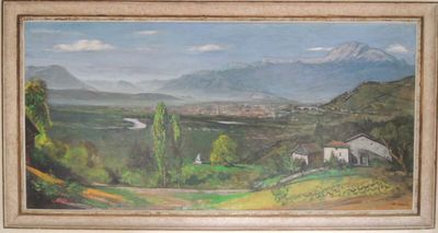 peinture d'une vue d'une vallée avec des montagnes en arrière-plan