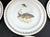 four plates with fish on them sitting on a table
