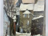 une peinture à l'huile représentant une maison dans la neige sur un fond blanc