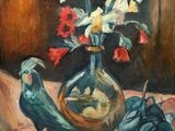 un tableau représentant un vase contenant des fleurs et des oiseaux
