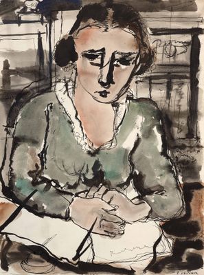 une image d'un tableau représentant une femme assise à une table