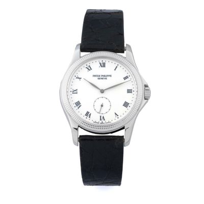 an image of a white watch with roman numerals on a black leather strap