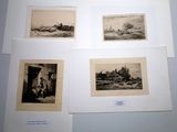 four black and white pictures of a group of people in a field
