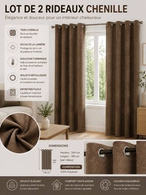 lot de 2 rideaux en chenille marron