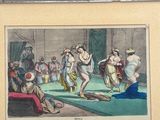 an old picture of a painting on a easel of a man and a woman dancing