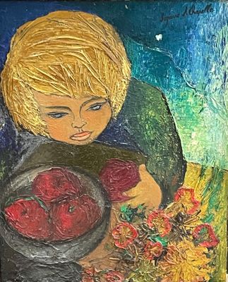un tableau représentant un garçon tenant un bol de pommes