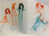 tableau représentant trois femmes vêtues de robes bleues et orange, debout les unes à côté des autres