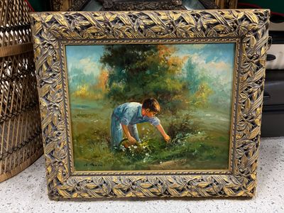 un tableau représentant une femme cueillant des fleurs dans un champ