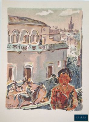 un tableau représentant une femme assise sur un banc devant un immeuble