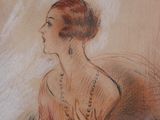 painting of a woman sitting in a chair with a necklace on her neck