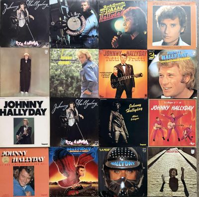 many albums of johnny hallydy on the wall