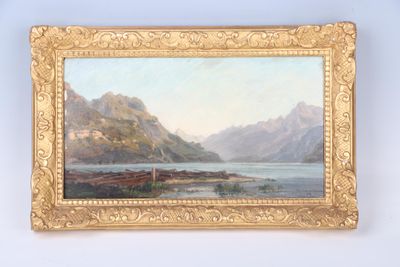 une image représentant un tableau représentant un paysage de montagne avec un lac au premier plan